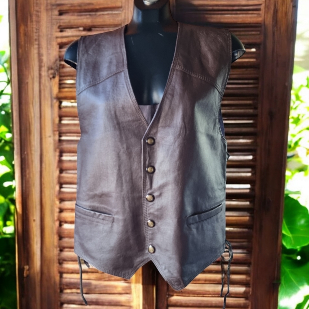 Pelle Cuir Genuine Leather Motorcycle  Vest Western Style Brown With Side Ties